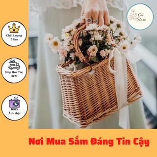 Túi Mây Tre Đan Vintage Cao Cấp Đính Nơ Ren