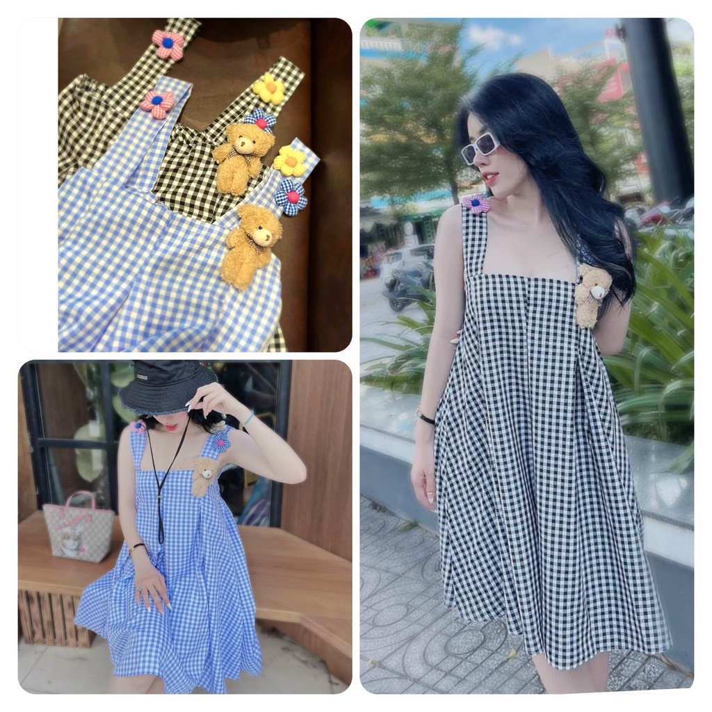 Đầm Babydoll Xoè Caro Kèm Gấu Hoa Rời Tiểu Thư (kèm video)