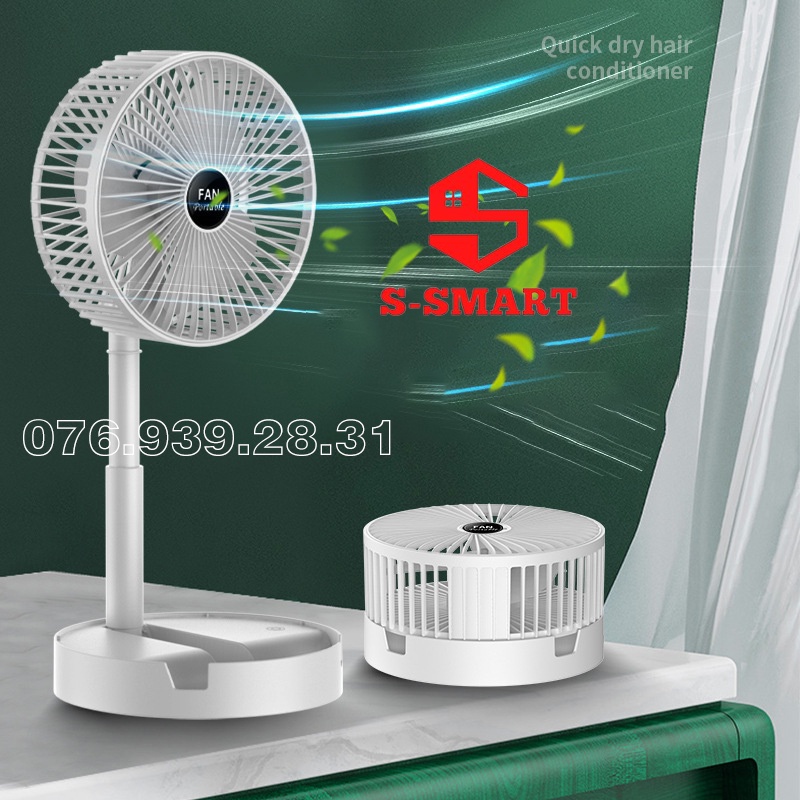 Quạt để bàn gấp gọn - Quạt tích điện mini để bàn, 3 chế độ gió, Pin 8h, sạc USB - bảo hành 1 đổi 1