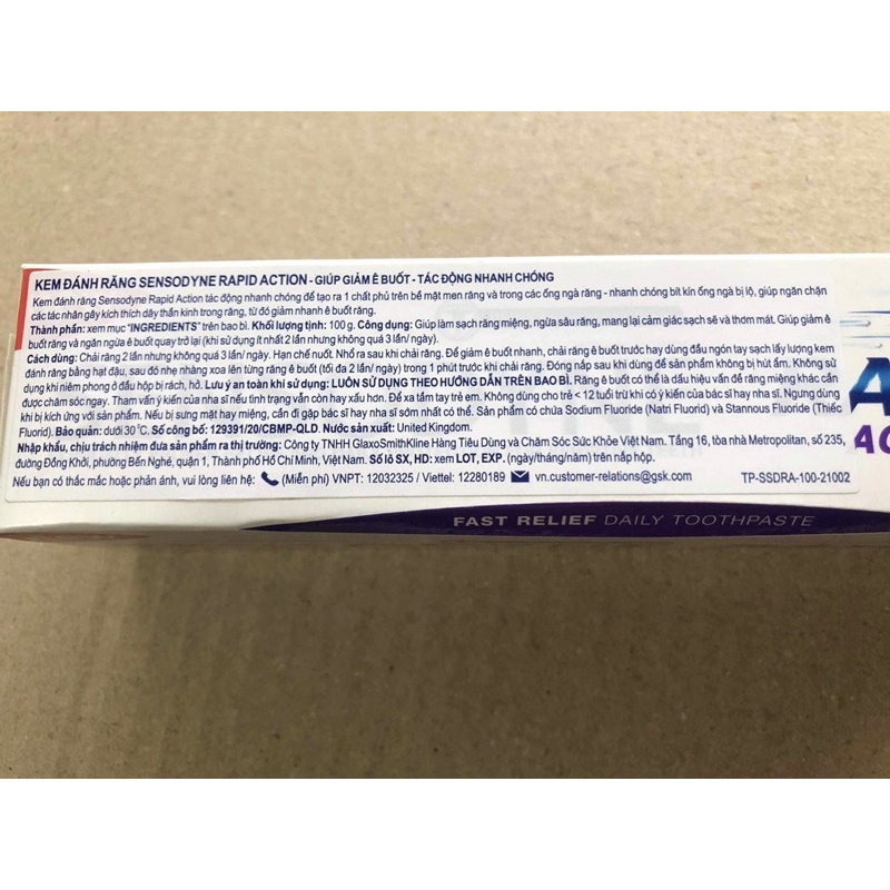 Kem đánh răng Sensodyne rapid action 100g giúp giảm ê buốt, ngừa sâu răng (Thái Lan)