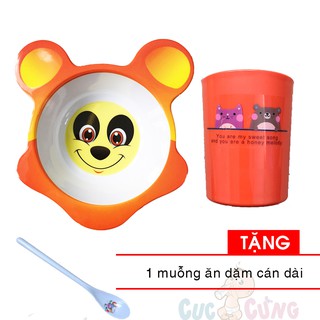 Bộ chén ăn hình gấu + ly uống nước in hình Tặng 1 muỗng cán dài cho bé