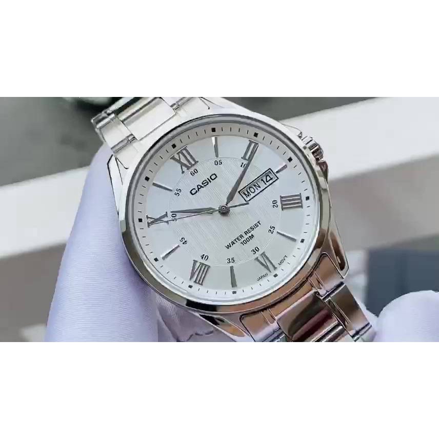 Đồng hồ Nam Casio MTP-1384D-7AV, đồng hồ chính hãng, dây bạc mặt trắng