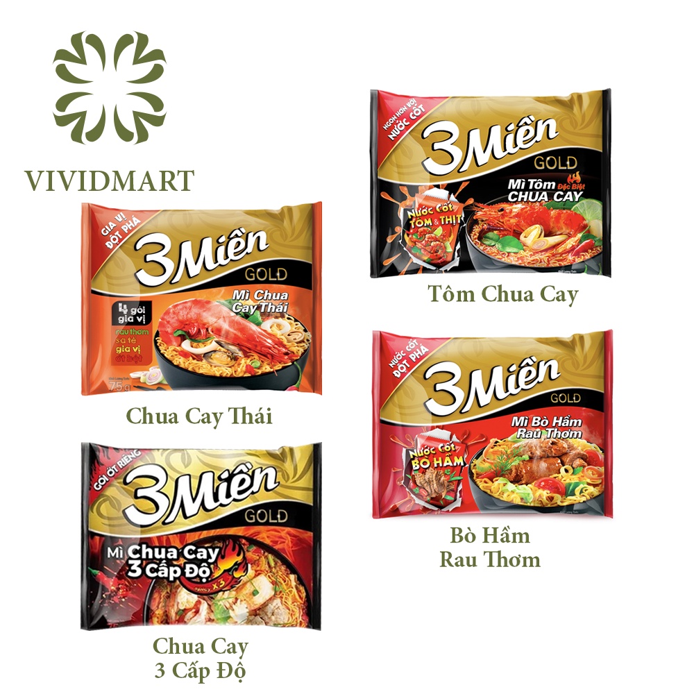 MÌ ĂN LIỀN 3 MIỀN GOLD CHUA CAY THÁI / TÔM CHUA CAY ĐẶC BIỆT / BÒ HẦM RAU THƠM - GÓI/75g - UNIBEN Ba Miền
