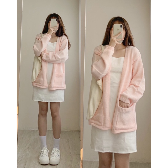 Áo cardigan len trơn dáng dài form rộng 275, áo cardigan len nữ 2 túi trước