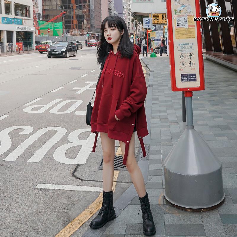 Áo hoodie dày dáng rộng màu đỏ thời trang mùa thu cho nữ