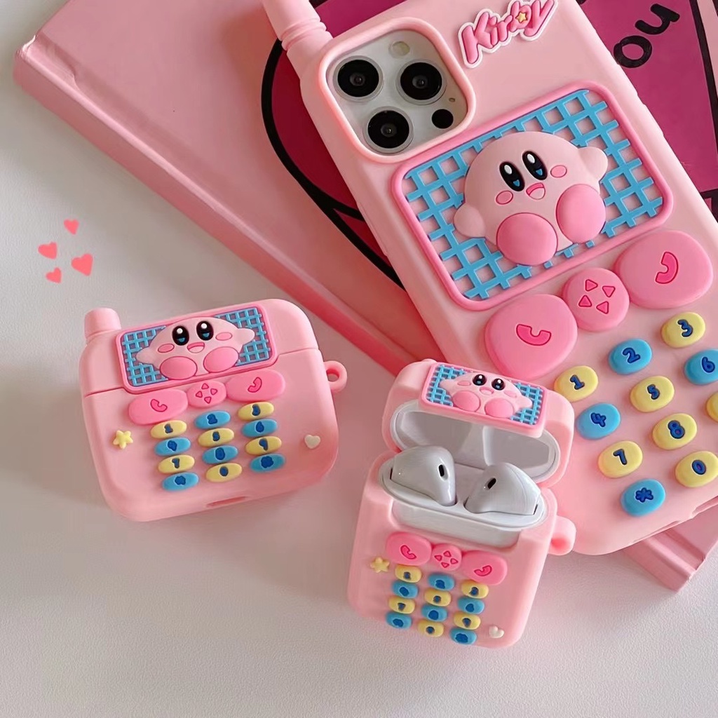 Vỏ Bảo Vệ Hộp Sạc Tai Nghe AirPods 1 2 3 Pro 3rd 2021 Bằng Da Silicon Hình Kirby Màu Hồng Dễ Thương Ốp