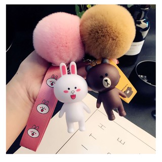Móc khóa dây đeo hình gấu/thỏ hoạt hình kèm banh pom pom xinh xắn