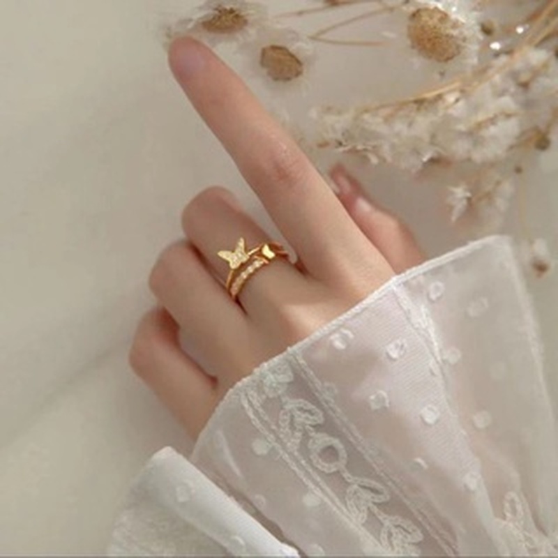 Nhẫn Hở Hai Lớp Mạ Vàng/Bạc Hình Bướm Sáng Bóng Thời Trang Cho Nữ