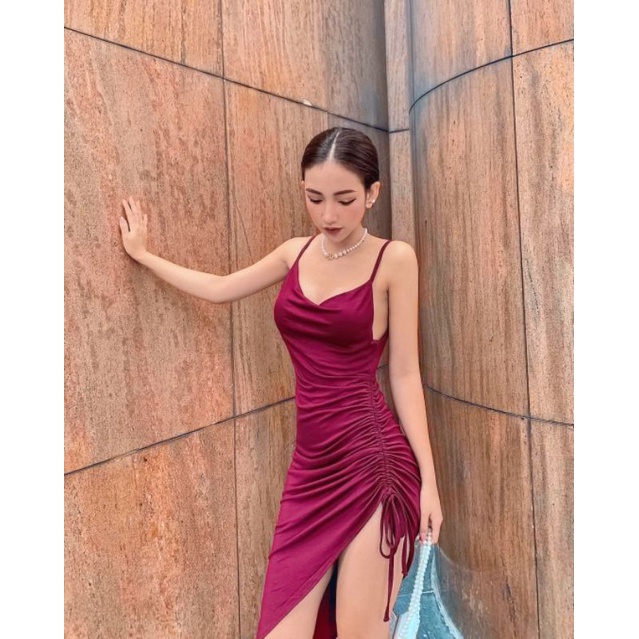 Đầm ôm body hai dây có mút ngực rút dây 1 bên chéo y hình chất thun borip co giãn ôm dáng dã man, váy 2 dây nữ MIDORI247