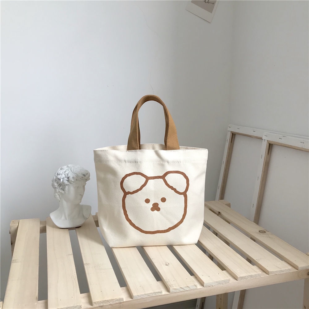 Túi Xách Mini Vải Canvas In Hình Gấu Dễ Thương Phong Cách Hàn Quốc Cho Nữ