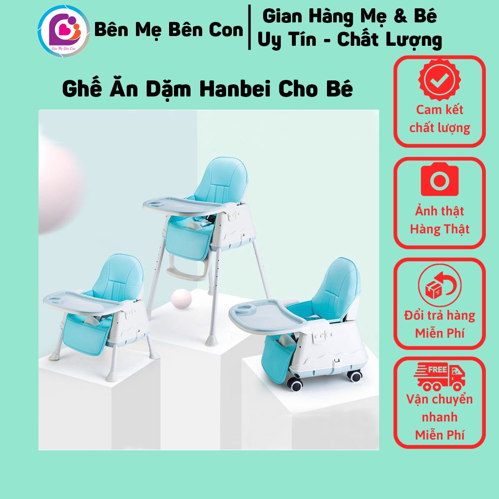 Ghế ăn dặm Hanbei, ghế ăn dặm cho bé gấp gọn có bàn ăn dặm kèm đệm da cao cấp