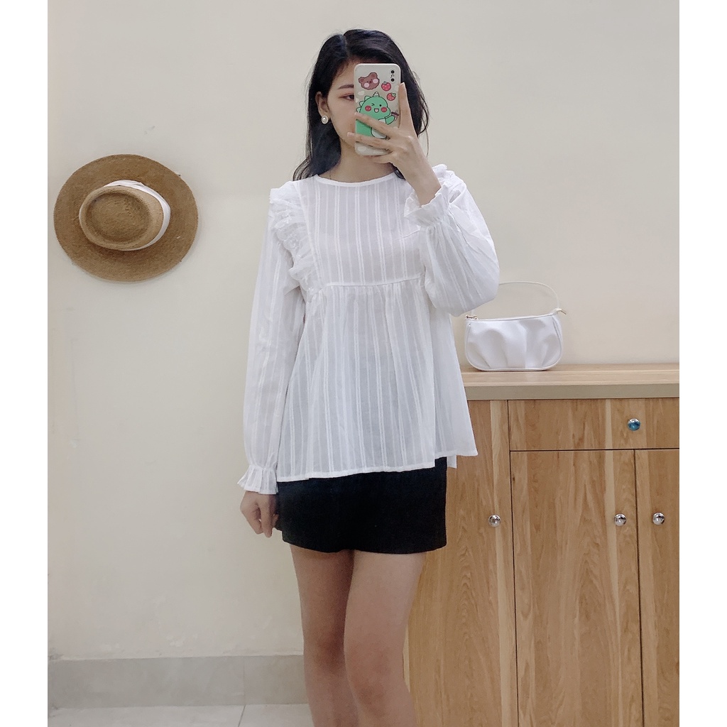 Áo Sơ Mi Dài Tay Dáng Babydoll - Tay Bo Chun, Phối Ren 2 bên cổ tròn xinh xắn A088