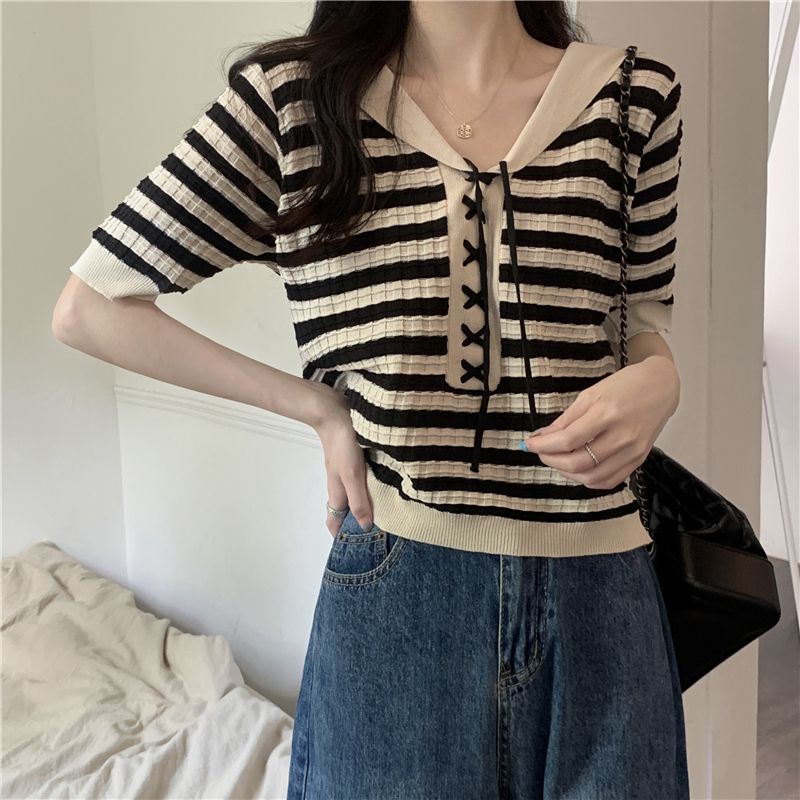 Áo Sweater Tay Ngắn Kẻ Sọc Ngang Trẻ Trung Phong Cách Hàn Quốc  tao bao