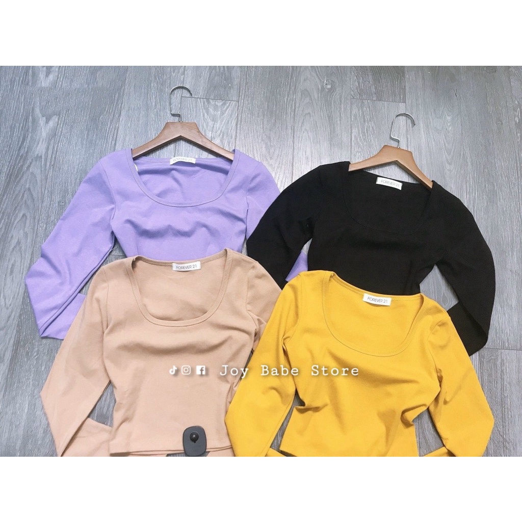Áo croptop cổ vuông tay dài Basic JOY BABE◽🍏 thun xịn co giãn 4 chiều, ôm body tôn dáng ◾ Forever 21 trơn đẹp CROD 5 -2C