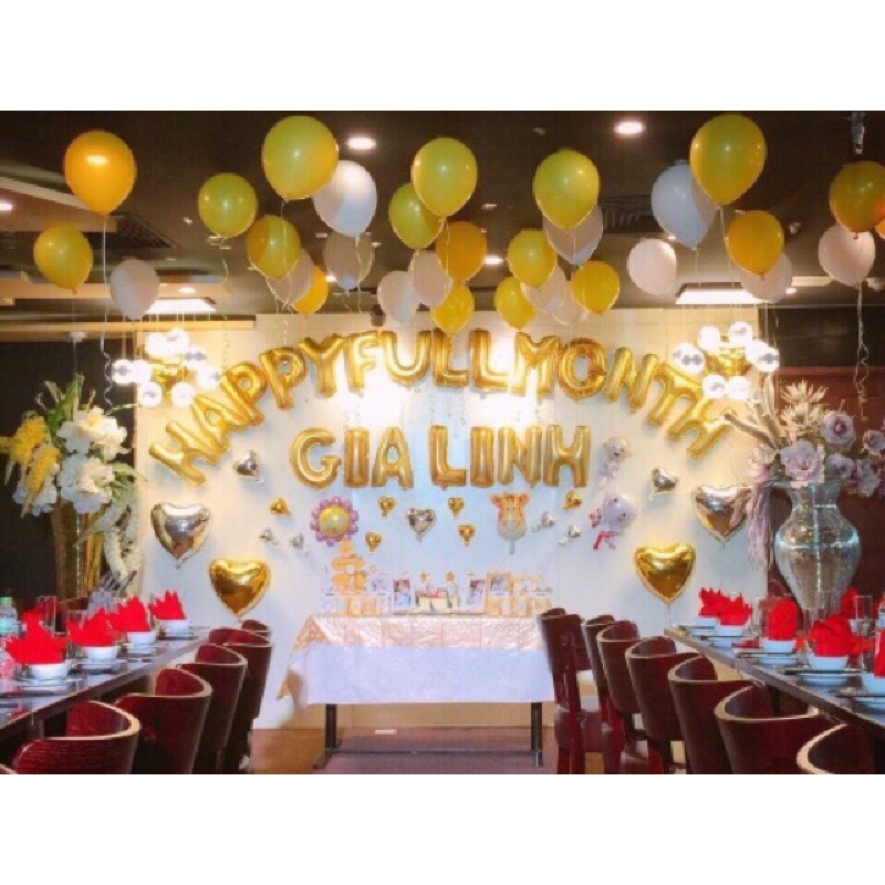 Bóng chữ Happy Fullmonth trang trí tiệc đầy tháng sang trọng đơn giản tại nhà
