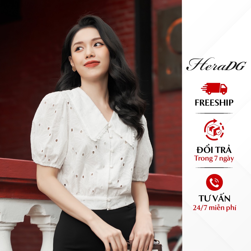 Áo Sơ Mi Công Sở Nữ HeraDG Thiết Kế Tay Bồng Kèm Cổ V Thêu Hoa Lá Tinh Tế, Chất Vải Thô Cao Cấp SAKBA038