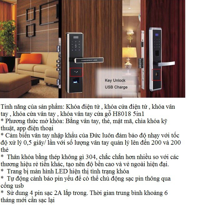 Khóa Vân Tay - Bảo hành 12T - Khóa điện tử cao cấp 5in1 cho cửa gỗ H8018 vân tay, thẻ từ, mật mã, chìa, aap điện thoại