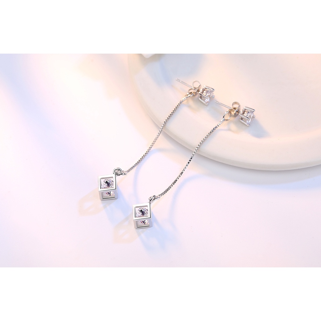 Bông Tai Bạc 925 Hình Khối Rubik Phối Dây Xích Thời Trang Hàn Quốc Cho Nữ-S1