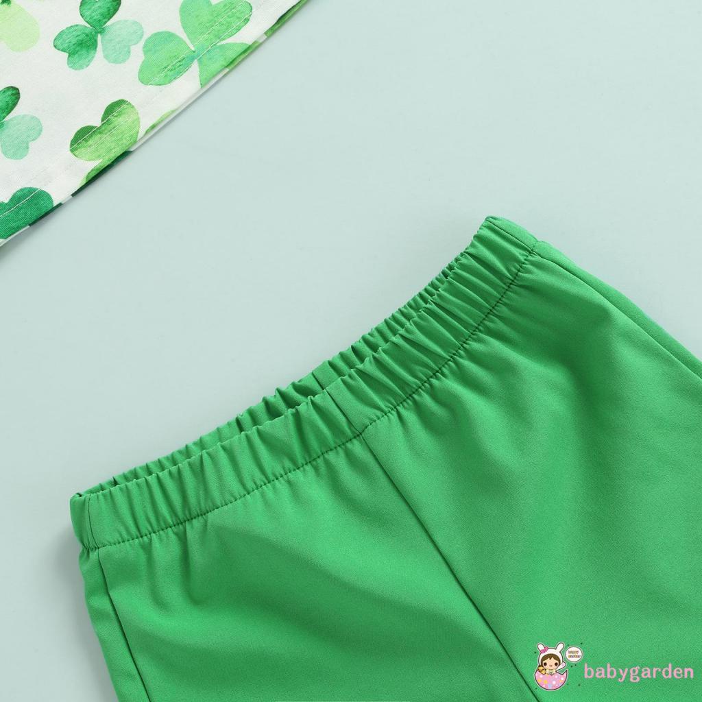 Bộ áo thun tay ngắn in hình cỏ ba lá + quần short màu xanh lá cây trơn thời trang cho bé gái 1-6 tuổi