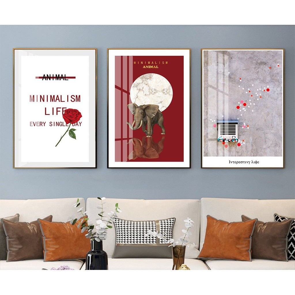 Bộ 3 Bức Tranh Treo Tường Tranh Voi Dưới Ánh Trăng Nền Đỏ Hoa Hồng Đỏ Xám Minimalism - MELYHOME DECOR
