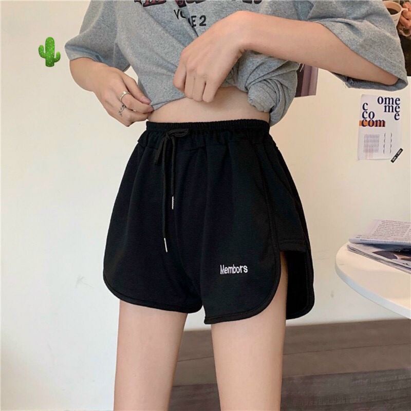 Quần đùi thun thêu chữ vạt bầu tôn dáng