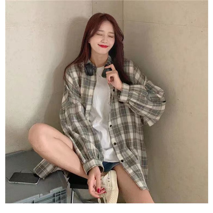 Áo Sơ Mi Tay Dài Dáng Rộng Kẻ Sọc Kiểu Retro Hàn Quốc Cá Tính