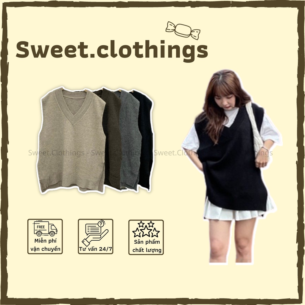 Áo GILE trơn cổ tim style Hàn Quốc, Áo len gile xẻ tà chất len lông thỏ 4 màu SWEET.CLOTHINGS