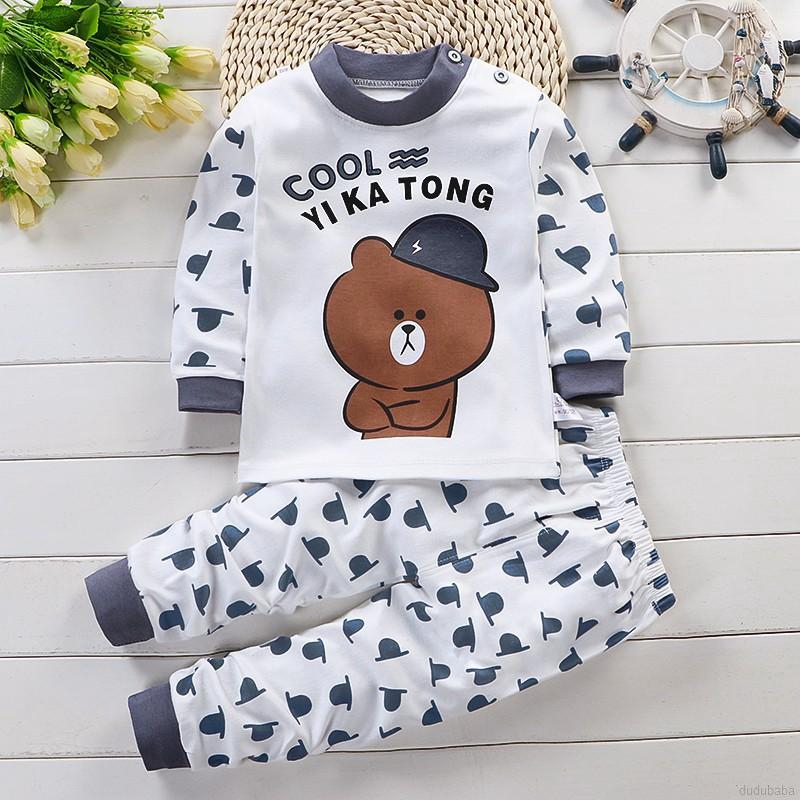 Bộ đồ ngủ pajamas gồm áo tay dài và quần dài in hình hoạt hình dành cho bé trai bé gái từ 0 đến 5 tuổi