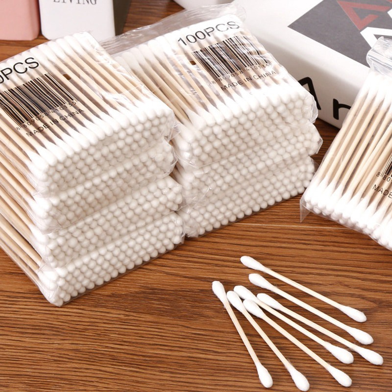 Set 100 Tăm Bông Hai Đầu Thân Gỗ Tre Dùng Một Lần Tiện Lợi Dễ Sử Dụng