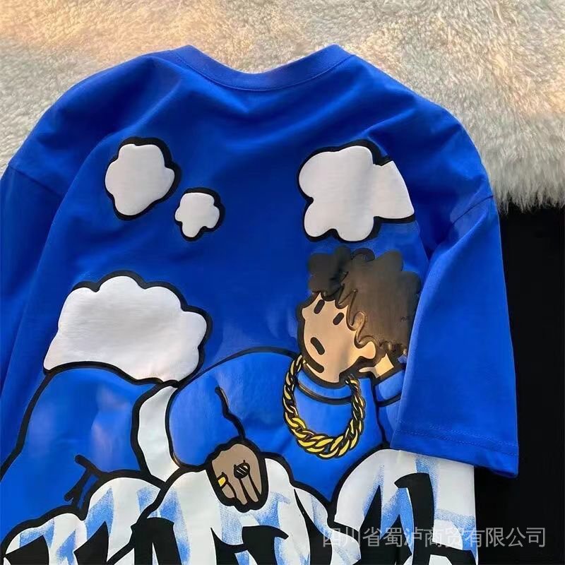 100% cotton American street hip hop cartoon character short-sleeved couple wear loose trendy ins summer T-shirt for men and women