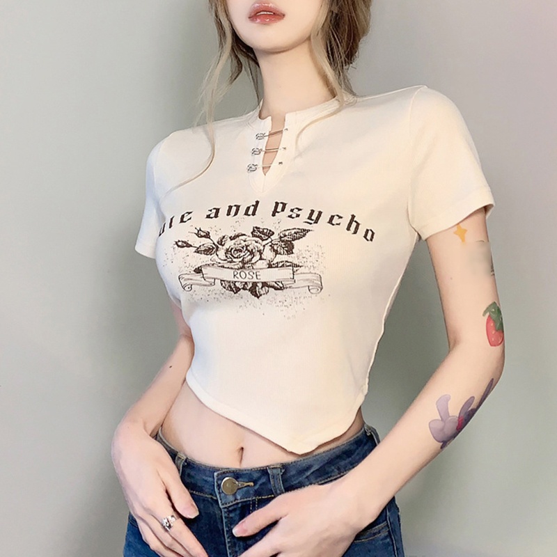Áo Thun Lửng Ngắn Tay Cổ Chữ V In Họa Tiết Hoa Hồng Và Chữ Thời Trang Dành Cho Nữ