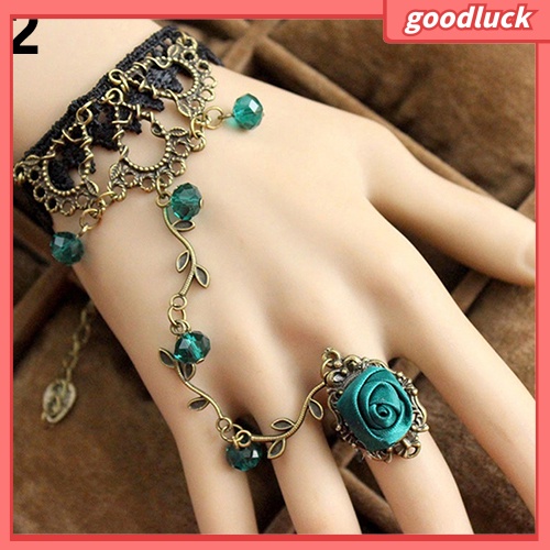 Vòng tay hợp kim ren hoa phối nhẫn đính hoa hồng dành cho nữ