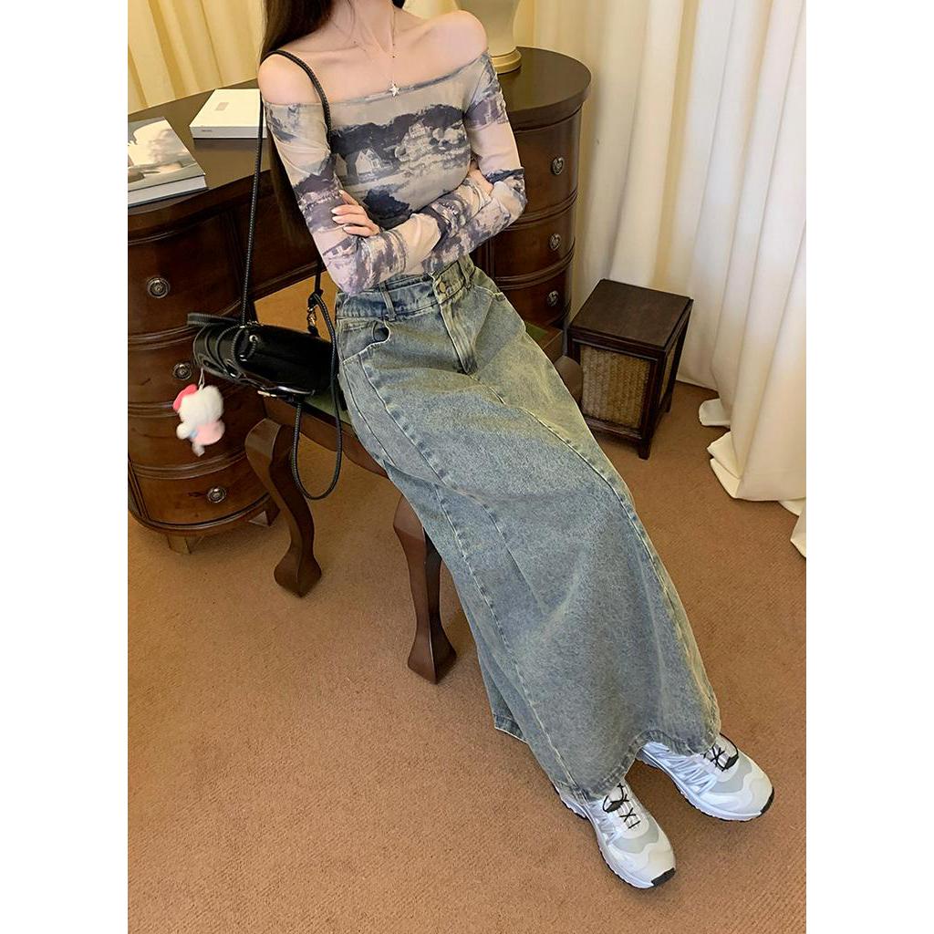 Chân Váy Denim Dài Dáng Chữ A Lưng Cao Phong Cách Retro Thời Trang Mùa Thu Hàng Mới Dành Cho Bạn Nữ 668
