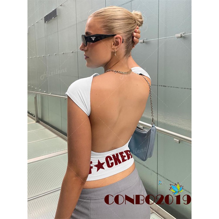 Áo Thun Crop Top Tay Ngắn Hở Lưng Ôm Dáng In Chữ Thời Trang Mùa Hè Dành Cho Nữ