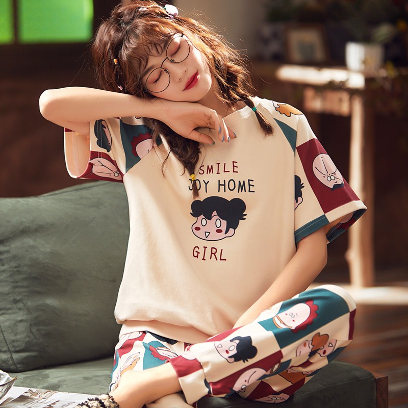 Bộ Đồ Pijama Mặc Ở Nhà Ngắn Tay Đáng Yêu Cho Nữ