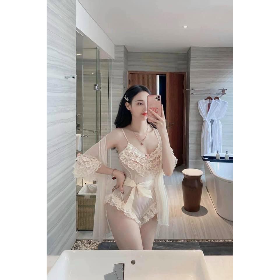 Set váy ngủ ren cúc bấm kèm choàng viền ren MIEMMOC QUẢNG CHÂU cao cấp kenshop0602- Hàng có sẵn( video + ảnh thật)