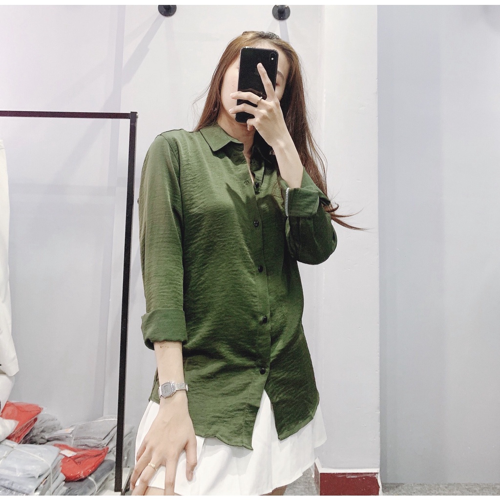 Áo Sơ Mi Nam Nữ Xanh rêu trơn