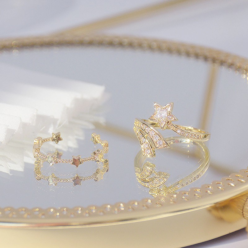 Nhẫn Hở Thiết Kế Ngôi Sao Sao Băng Lấp Lánh Dễ Điều Chỉnh CZ 14K Thật Cho Nữ