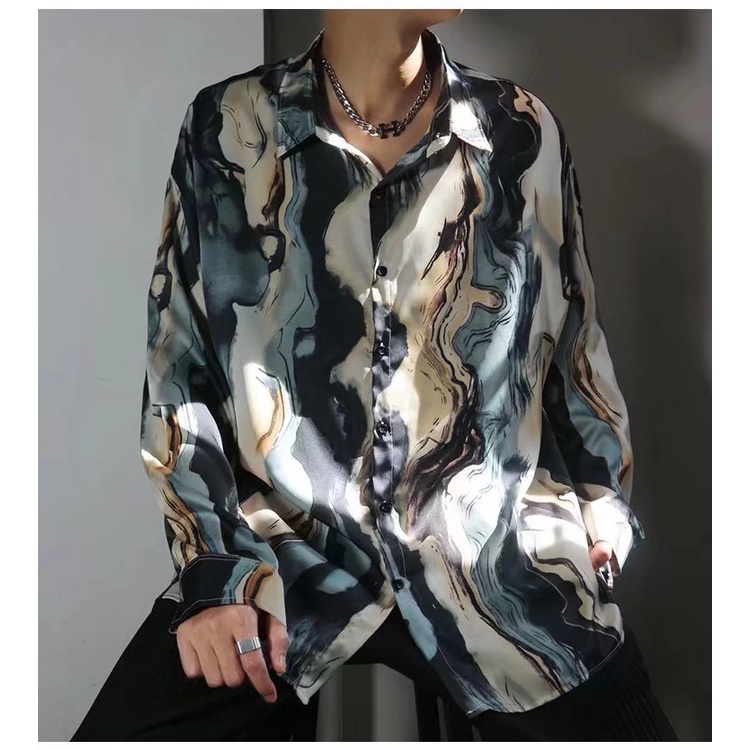 Áo sơ mi tay dài dáng rộng vải lụa satin in họa tiết hoa phong cách Hồng Kông cổ điển thời trang cho nam và nữ