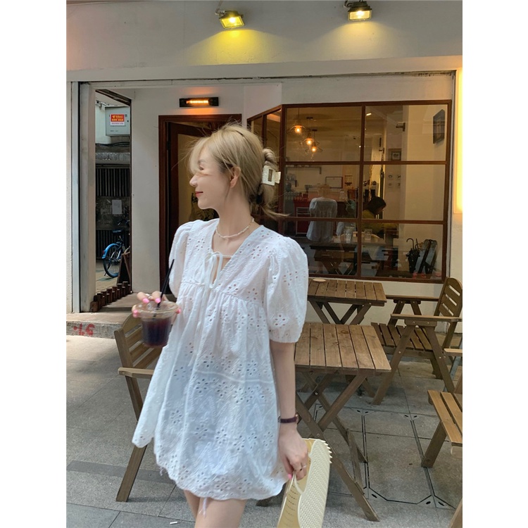 Áo Sơ Mi Trắng Tay Ngắn Phồng Dáng Rộng Phối Ren Thời Trang Mùa Hè Pháp Thanh Lịch