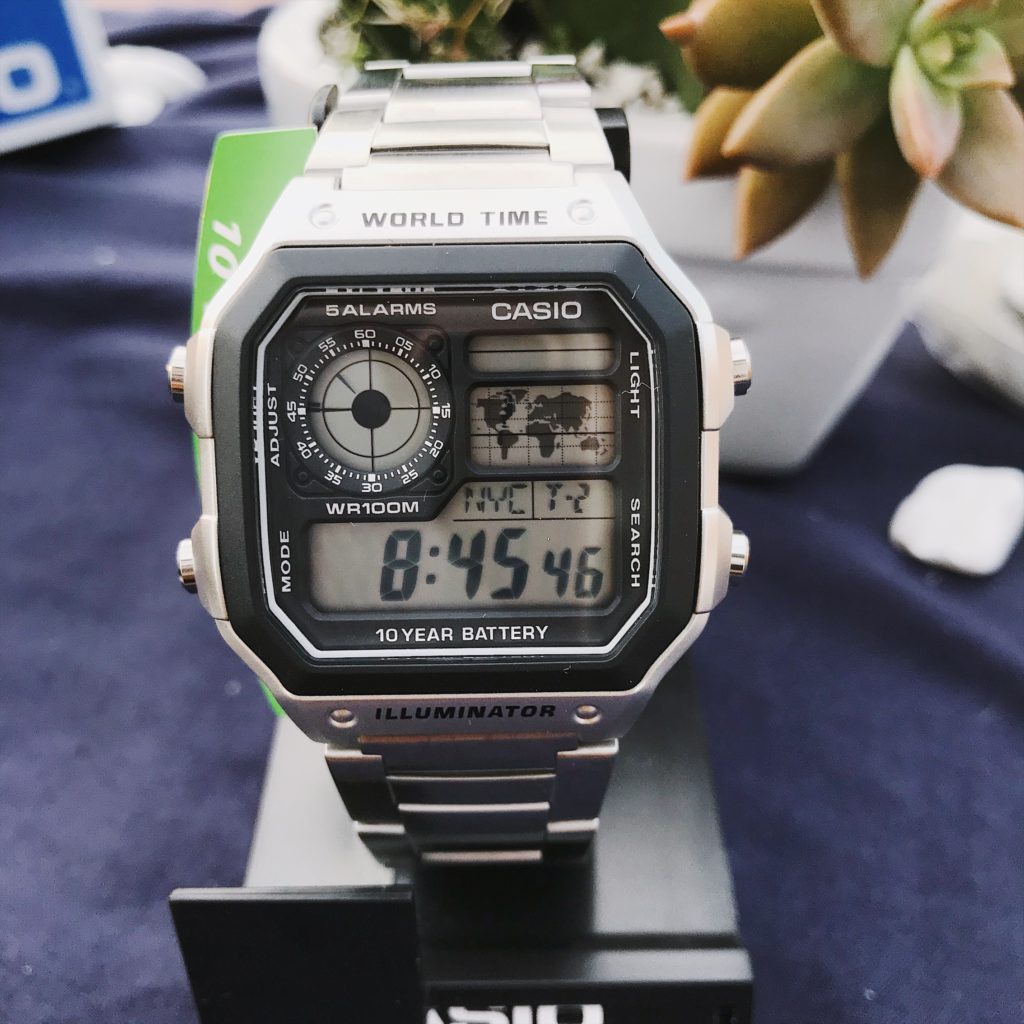 Đồng Hồ Nam Dây Kim Loại World Time AE-1200WHD Pin 10 Năm, Chống Nước