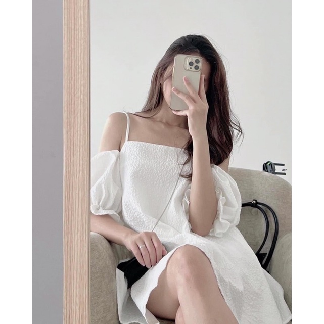 [Ảnh thật/Video]Váy trễ vai xốp sần Súuu MỚI tay rời mặc được hai kiểu Đầm trễ vai hai lớp sang chảnh
