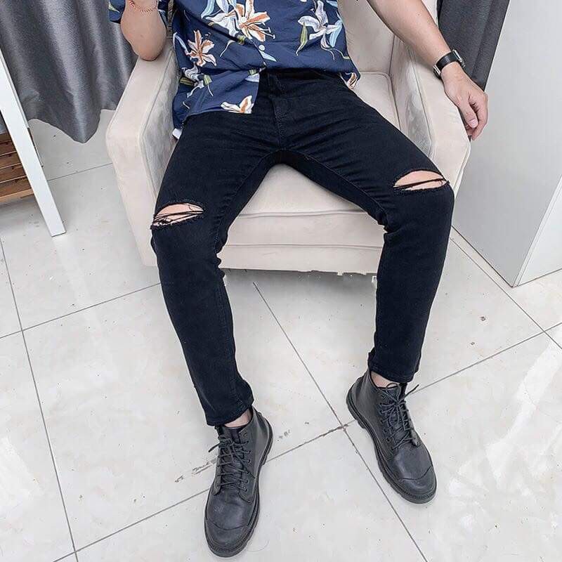 Quần jean đen rách gối form ôm vải co giản siêu dễ phối đồ, chất lượng xuất khẩu.