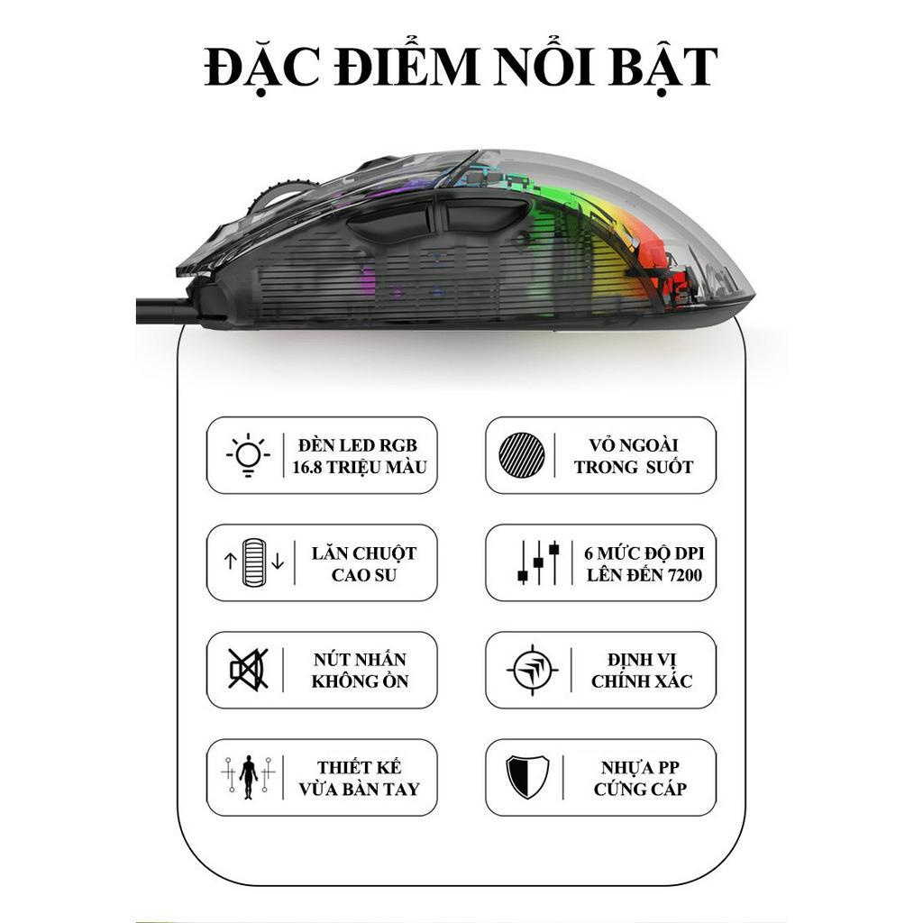 Chuột chơi game có dây XUNFOX XYH10 thiết kế trong suốt với đèn led RGB 16.8 triệu màu cực đẹp - NK