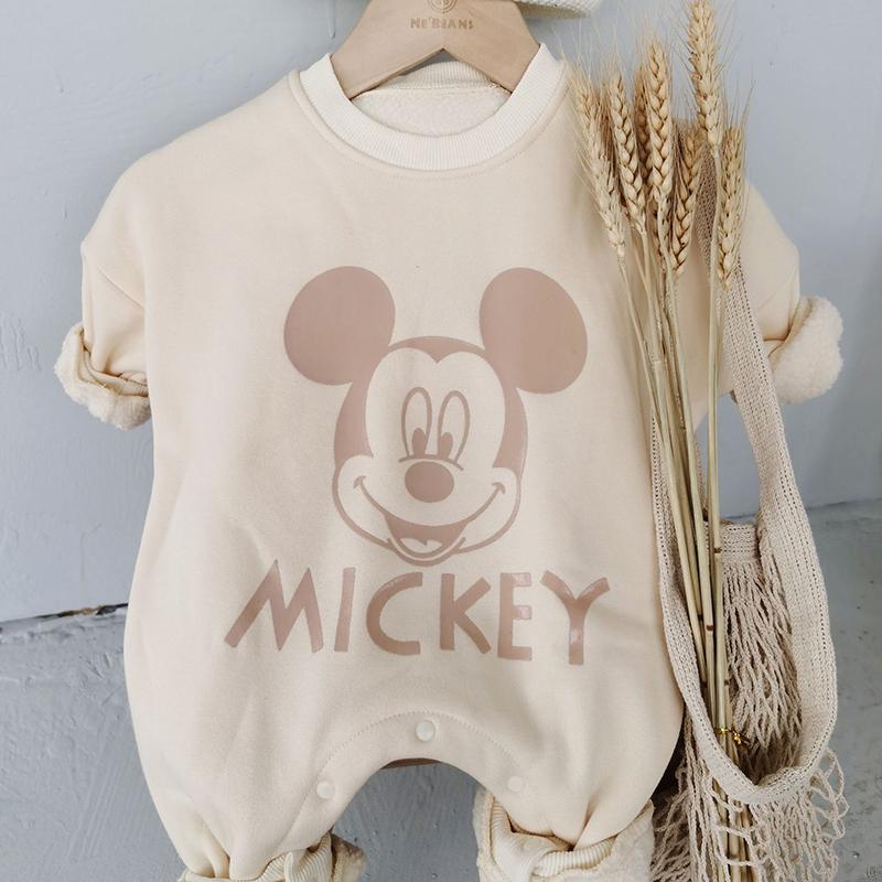 Bộ Áo Liền Quần Dài Tay In Hình Chuột Mickey Đáng Yêu Cho Bé