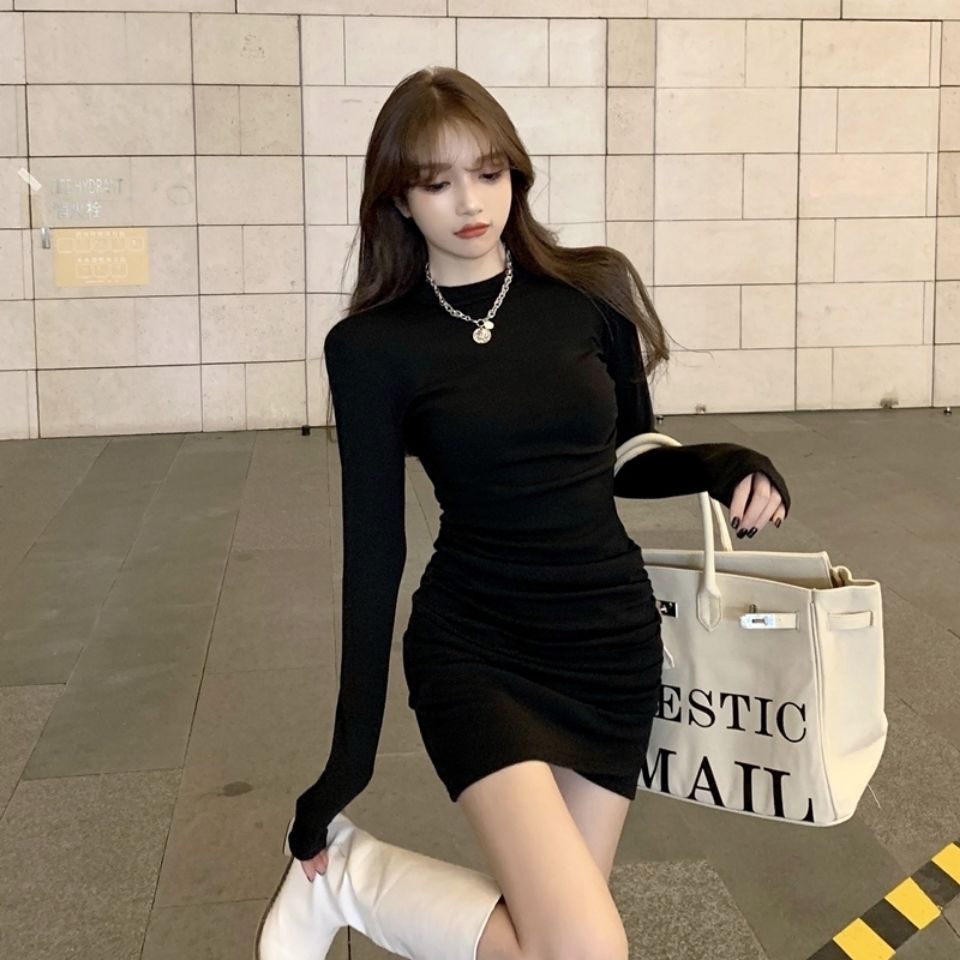 COZOK Đầm Tay Dài Dáng Ôm Xếp Ly Quyến Rũ Thời Trang Cho Nữ
