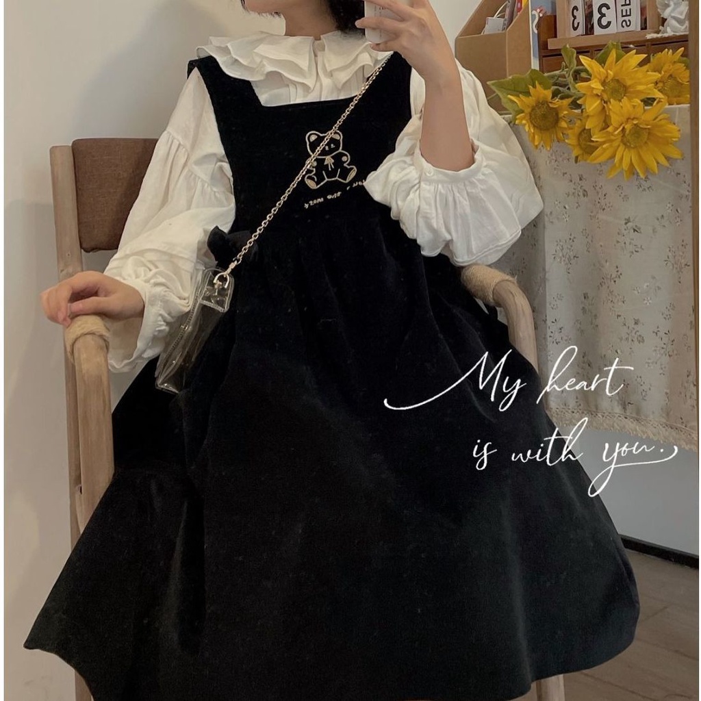 Set Áo Sơ Mi In Hình Gấu Dễ Thương Phối Chân Váy Thời Trang Cho Nữ