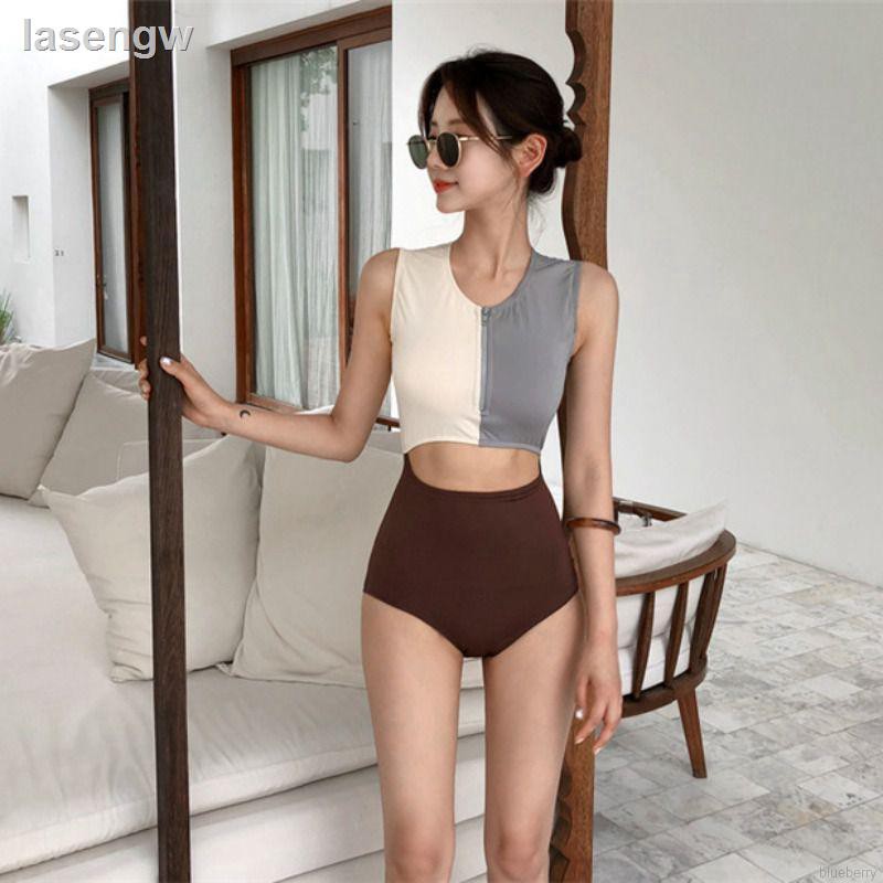 ∋▩∈Women Sexy Zipper Color Matching Swimsuit High Waist Two-Piece Split Swimsuit