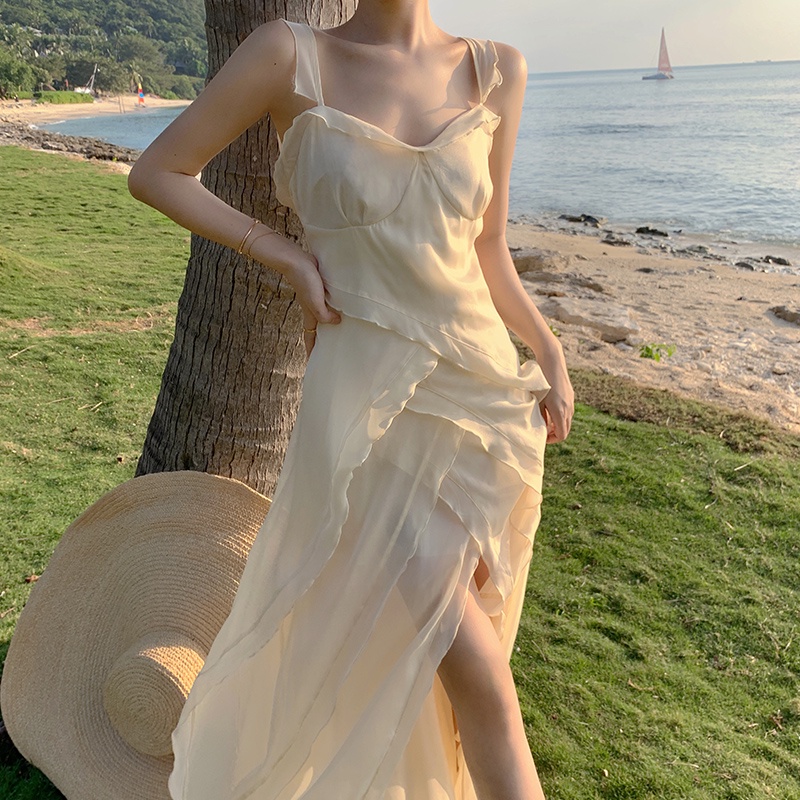 Đầm Dài Xẻ Tà Phối Bèo Phong Cách Retro Pháp Cho Nữ