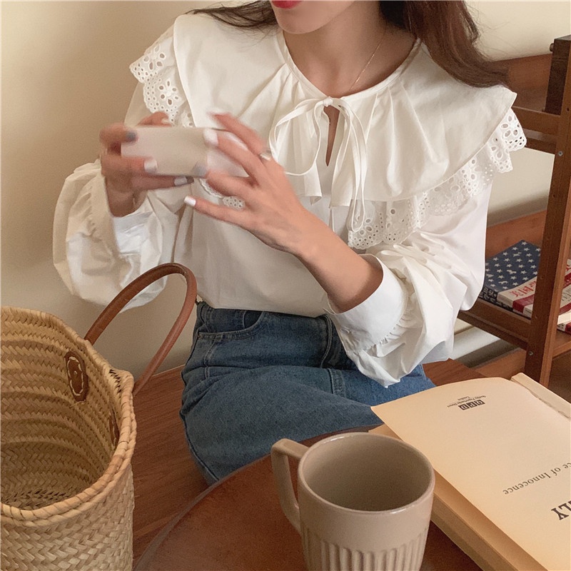 Áo Kiểu Tay Dài Phối Ren Cổ Bẻ 45786